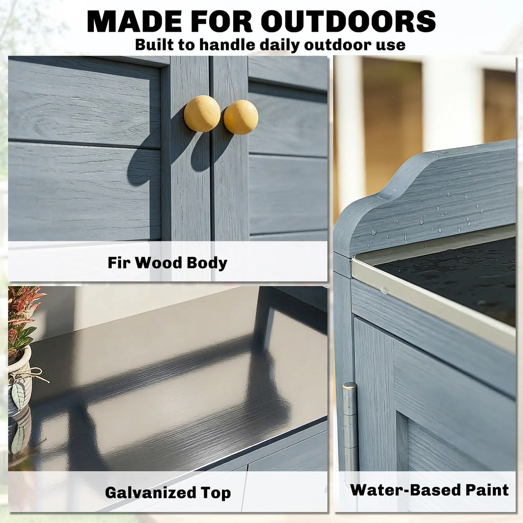 Outsunny Stół do sadzenia z szafką na zewnątrz, drewno, szafka ogrodowa z ocynkowaną powierzchnią roboczą, 2 szuflady, 104x44x140 cm jasnoszary | Aosom PL