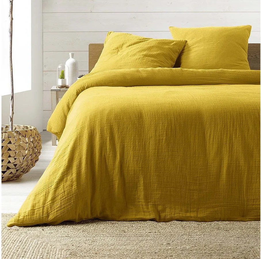Komplet Pościeli 3-częściowy "Angelia" 240x220cm Żółty z Miękkiej i Wygodnej Gazy Bawełnianej
