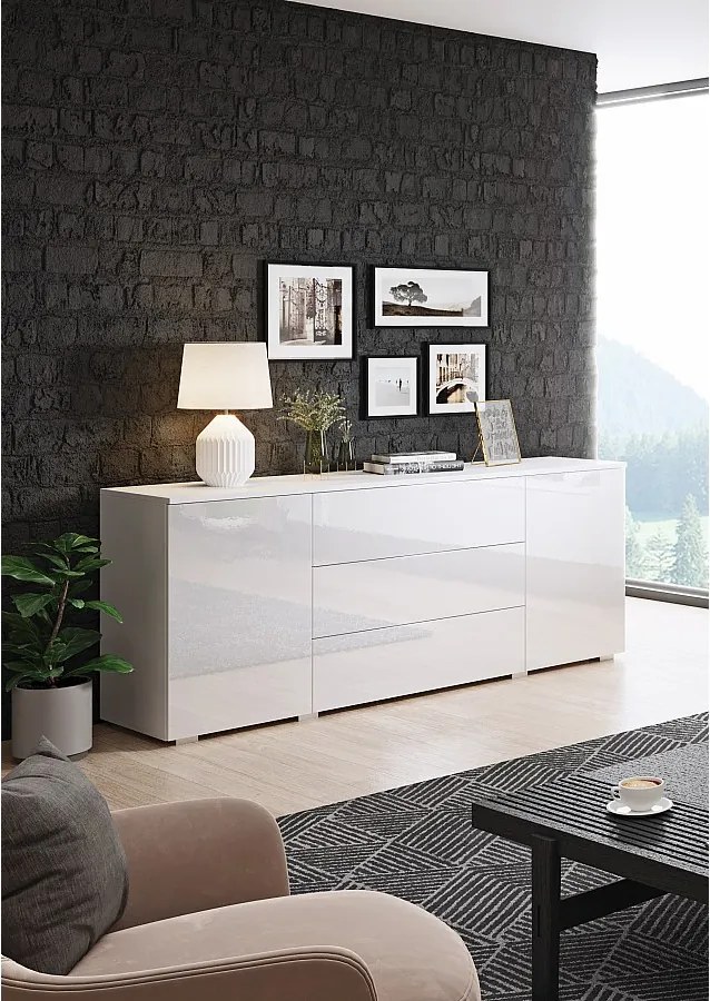 Komoda 150 cm do salonu – nowoczesna komoda z szufladami i szafkami, korpus biały mat i fronty biały połysk