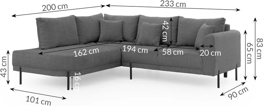 Ciemnoszary narożnik z tkaniny szenilowej (lewostronny/w kształcie litery L) Mauris – Ropez