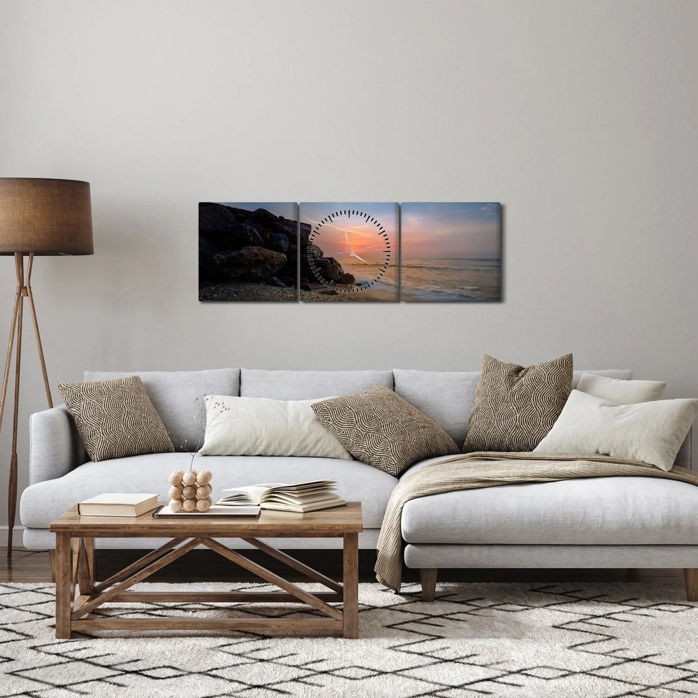 Obraz zachodu słońca na plaży (z zegarem) (90x30 cm)