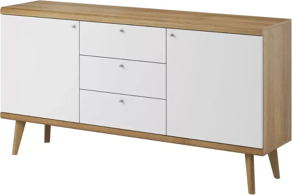 Komoda Bliwon 3-szuflady + półki 160 cm skandynawska dąb riviera/biały nowoczesna szafka drewniane nogi
