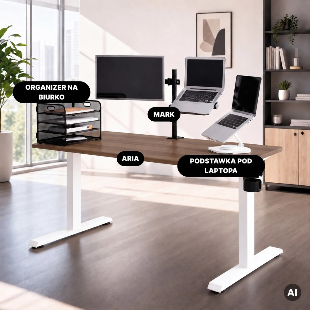 Biurko elektryczne z regulacją wysokości ergonomiczne białe/orzech,1400x700 mm: ARIA