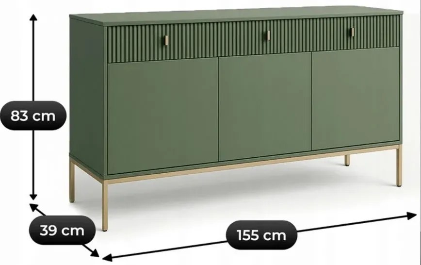 Zielona komoda ryflowana na złotych nóżkach E4-N12