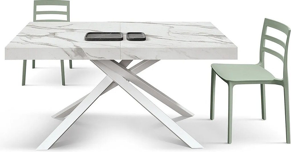 Stół drewniany, białe wykończenie, biała podstawa, rozkładany 160x90-240x90 - FORTE DEI MARMI