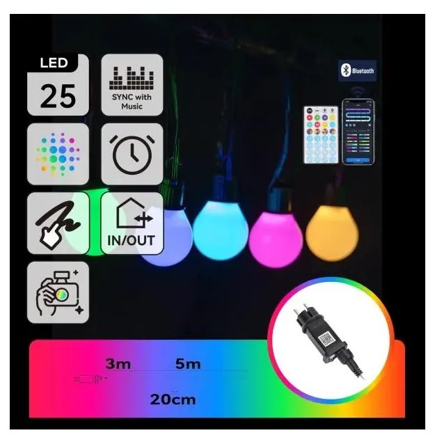 Aigostar - LED RGBICW Inteligentny zewnętrzny łańcuch świetlny MESH, 25 diod LED, 5 m, IP44 + pilot