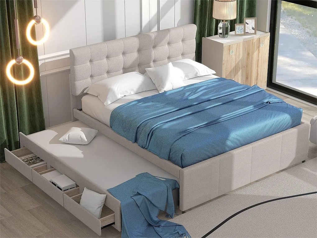 Łóżko wysuwane z 3 szufladami - 140 x 200 cm + 90 x 190 cm - tkanina lniana - regulowany zagłówek - kolor beżowy