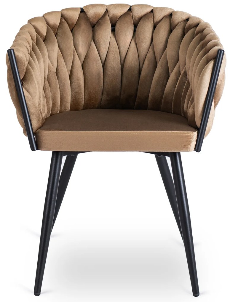 Krzesło Tapicerowane Plecione do Salonu ELENA Beżowe Welurowe Nowoczesne Loft