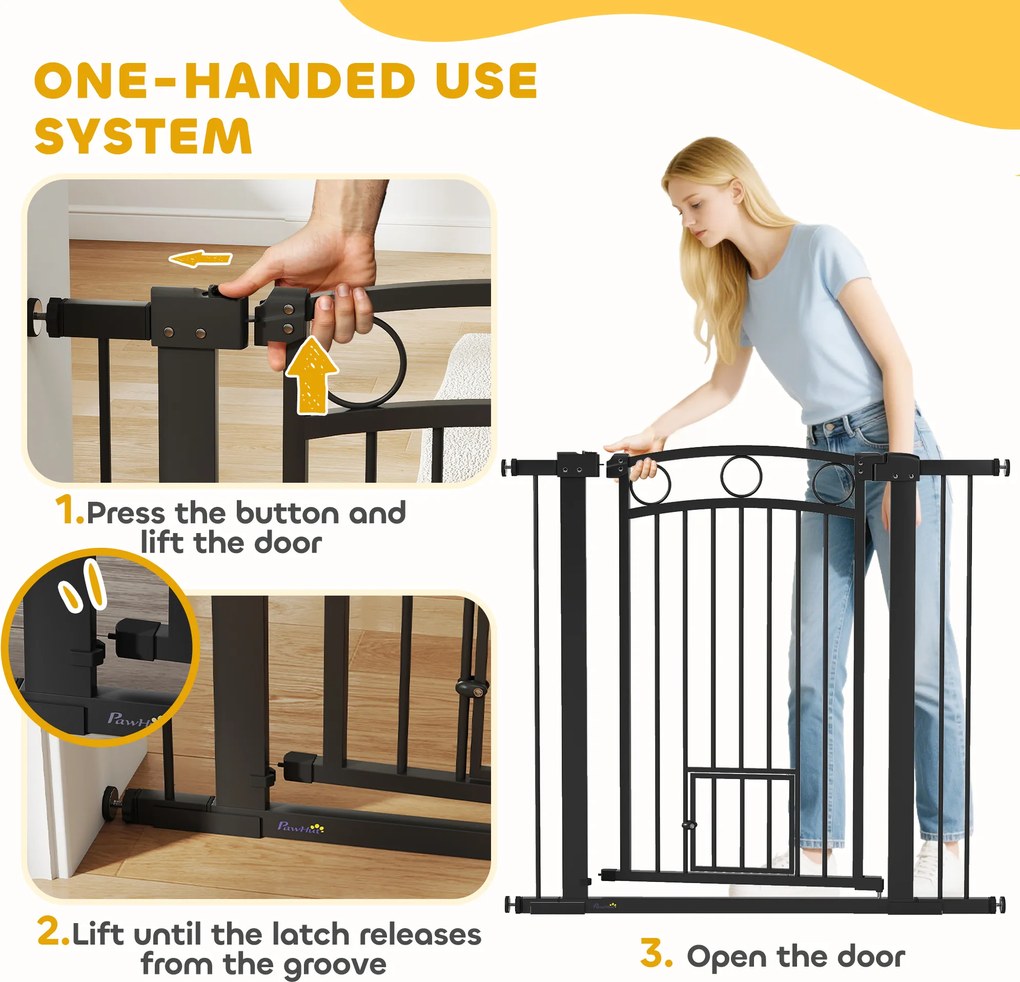 PawHut Bramka dla zwierząt, 96 cm, z regulowaną szerokością 76-104 cm, z drzwiczkami dla kota, do schodów i otworów drzwiowych, czarna