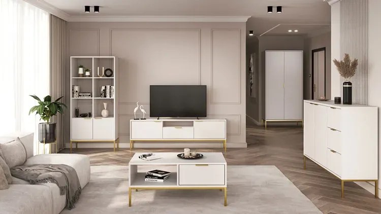 Prostokątna ława z 2 szufladami biały + złoty T8-P83