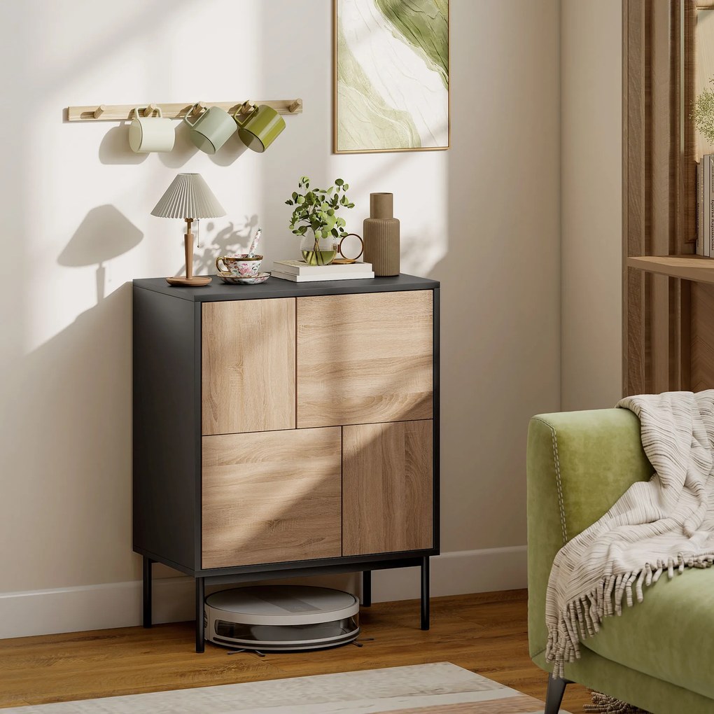 HOMCOM Sideboard z drzwiami push-to-open, szafka do jadalni na metalowych nogach, szafka kuchenna, MDF, Czarny+Naturalne drewno