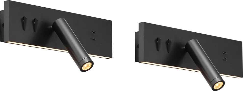 Zestaw 2 nowoczesnych lamp ściennych czarnych z regulacją i USB-C, w tym LED - Modric