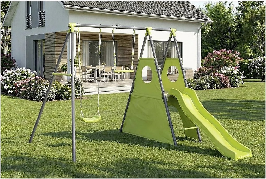 Zielona metalowa konstrukcja do zabawy "Kylian" z 4 elementami: zjeżdżalnia, huśtawka, trapez i tipi - 235x268x195 cm
