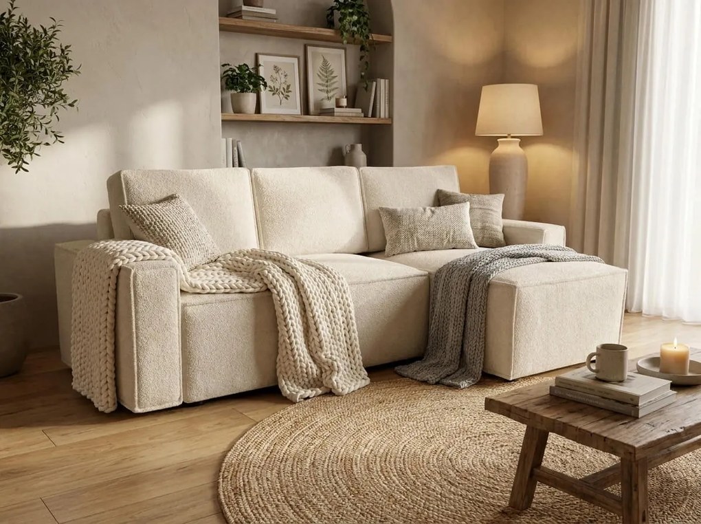 Rozkładana narożna sofa SMART BOUCLE 232x143 cm, kremowa, uniwersalna