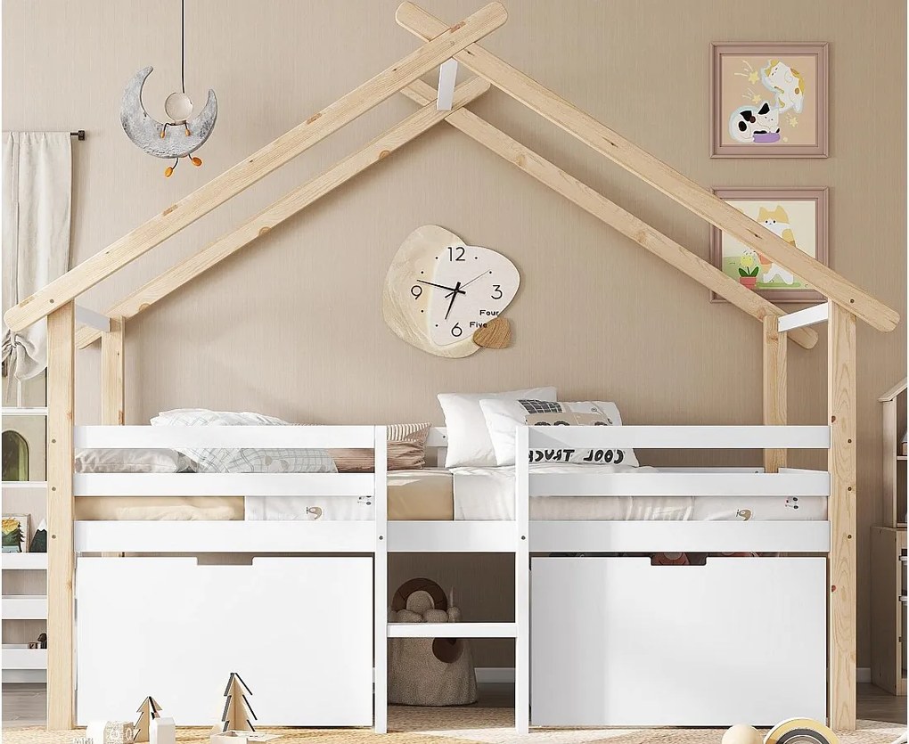 Łóżko mezzanine drewniane 90x200cm - z 2 szufladami do przechowywania - drewno lite + MDF - Białe + Naturalne