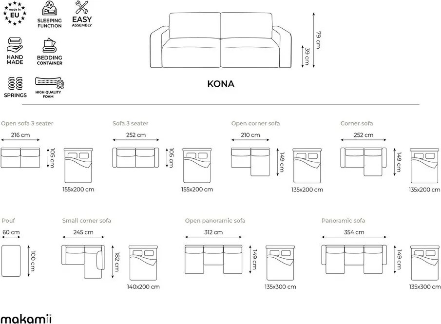Szara rozkładana sofa ze schowkiem z tkaniny szenilowej 252 cm Kona – Makamii