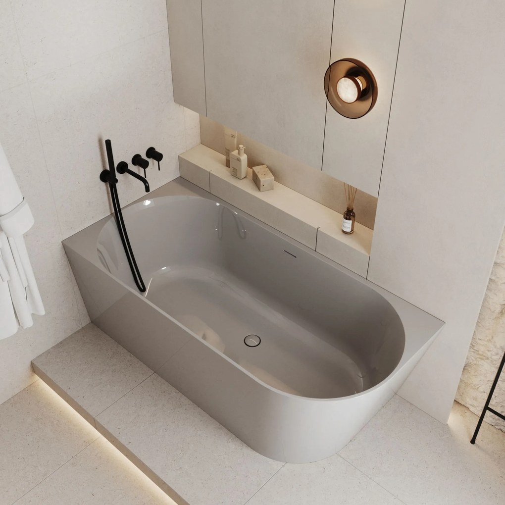 Wanna wolnostojąca narożna WALL Grey Glow / Matt lewa z konglomeratu szara błyszcząca/matowa 160 x 75 cm z przelewem typu SLIM : Kolor wanny - Szary połysk