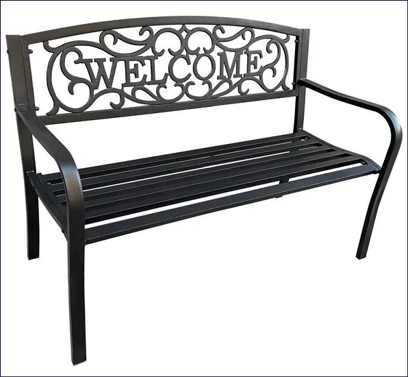 Czarna ławka ogrodowa z napisem na oparciu W3-R91