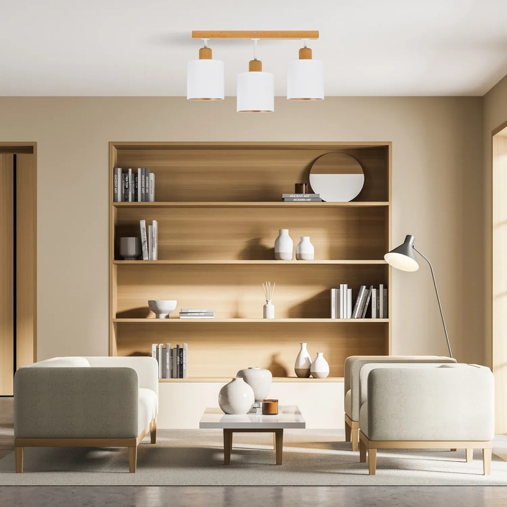 Biała lampa sufitowa, trzypunktowy spot CL-DWE50x7BU-WE z drewna E27