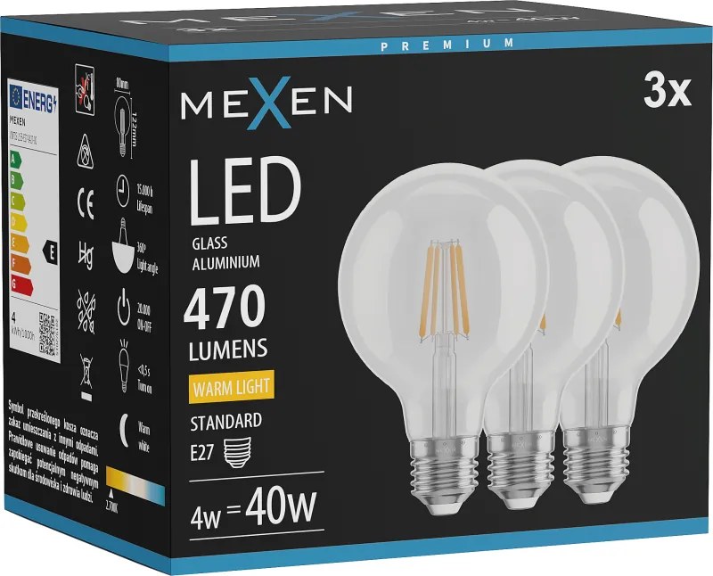 Mexen Vintis 3x żarówka filament LED E27, G80, 4W, Ciepła - 2700K, 470 lm, clear - L155-E27-0427-00x03