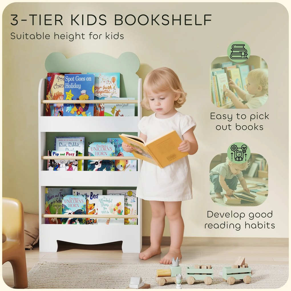 AIYAPLAY Regał na książki dla dzieci, 3-poziomowy regał z motywem misia do książek i zabawek, 55 x 15 x 110 cm, zielony | Aosom PL