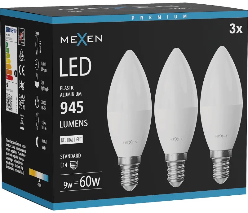 Mexen Nova 3x żarówka LED E14, C37, 9W, Neutralna - 4000K, 945 lm - L102-E14-0940-01x03