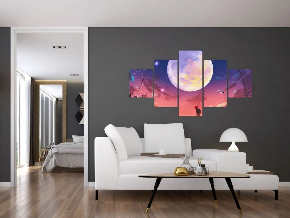 Obraz - Kobieta i pies w pełni księżyca (125x70 cm)
