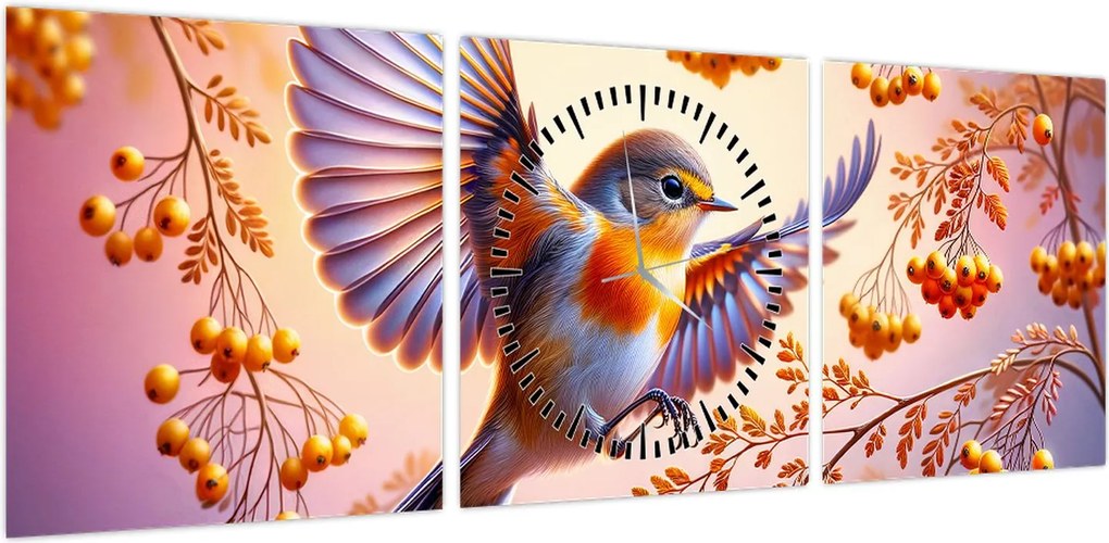 Obraz - Ptak z jarzębiną (z zegarem) (90x30 cm)