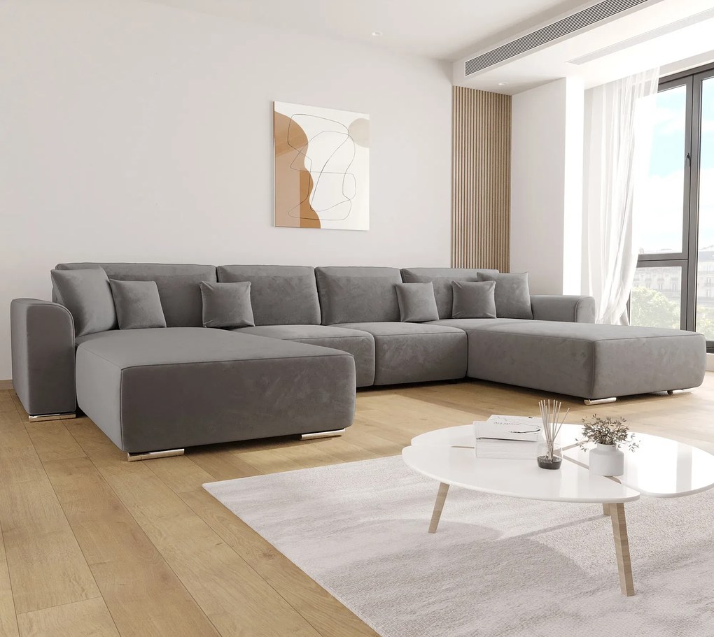 Szary rozkładany narożnik U z pojemnikiem T0-H80