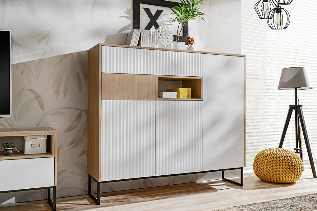 Komoda Bliwon 149 cm z szufladami - jodełka scandi / biały mat