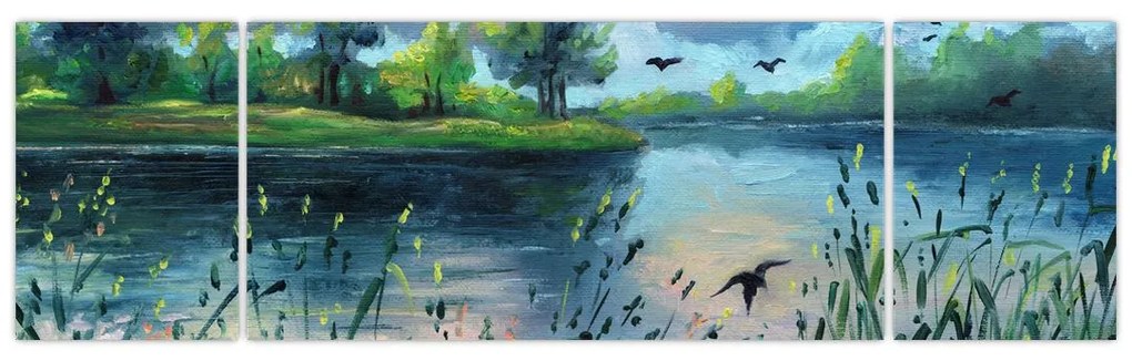 Obraz - Obraz olejny, Wczesny letni wieczór nad jeziorem (170x50 cm)
