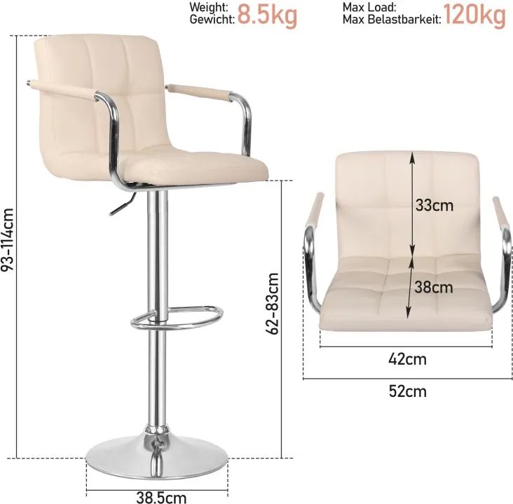 MIADOMODO Krzesło barowe 2szt, z podłokietnikami, beżowe
