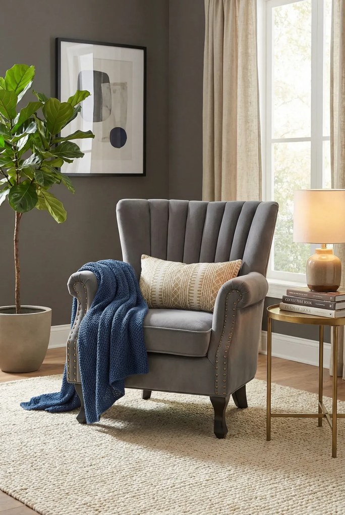 Szary welurowy wygodny fotel wypoczynkowy T7-M98