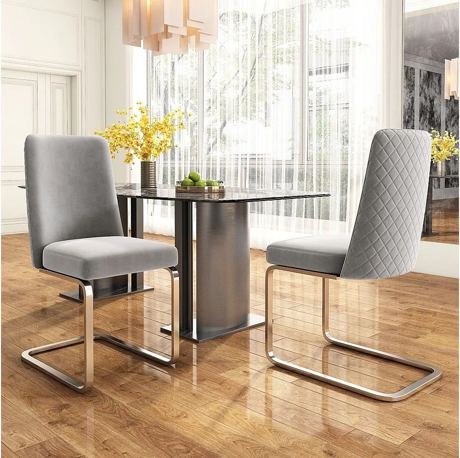 Zestaw 2 krzeseł do jadalni, szary aksamit, krzesło z tapicerowanym oparciem, srebrne nogi