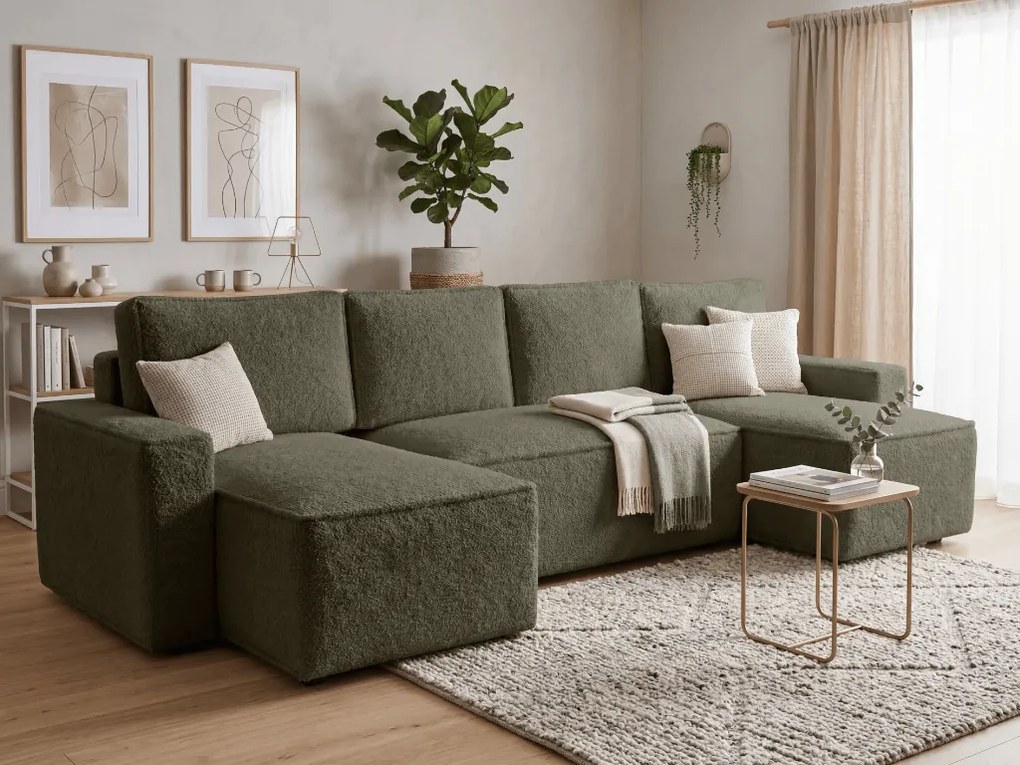 Rozkładana sofa narożna w kształcie U SMART BOUCLE 303x143 cm, ciemnozielona