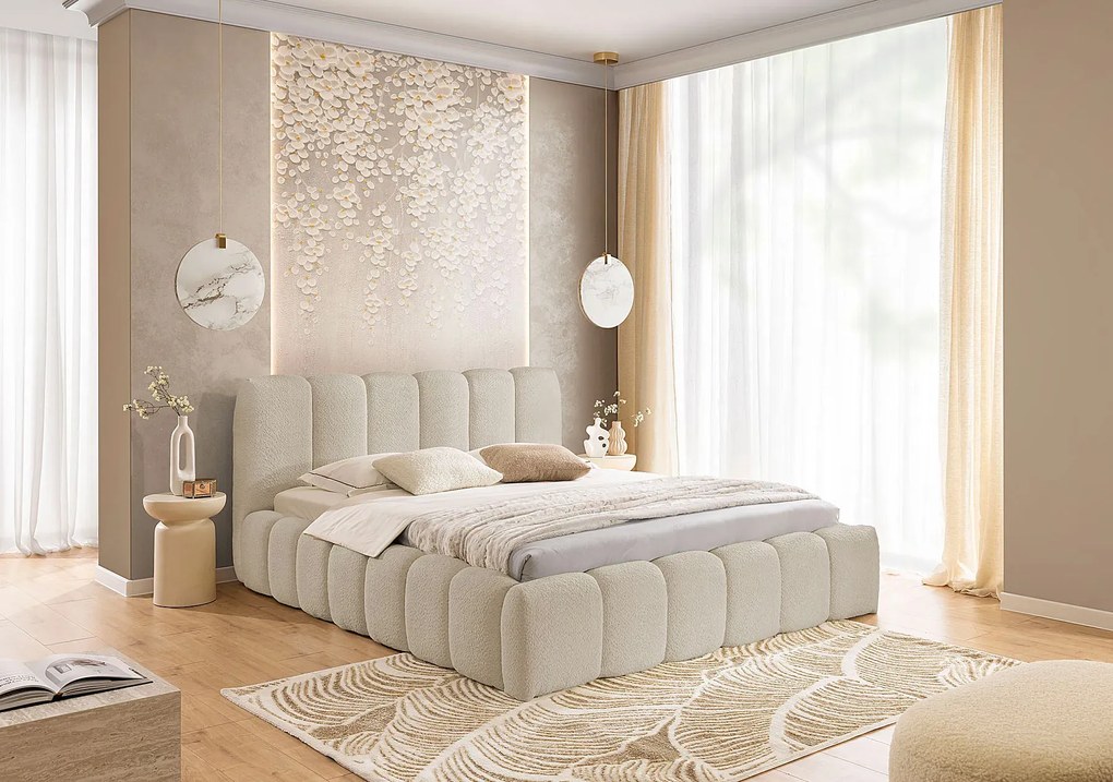 Beżowe łózko tapicerowane tkaniną boucle A4-A39