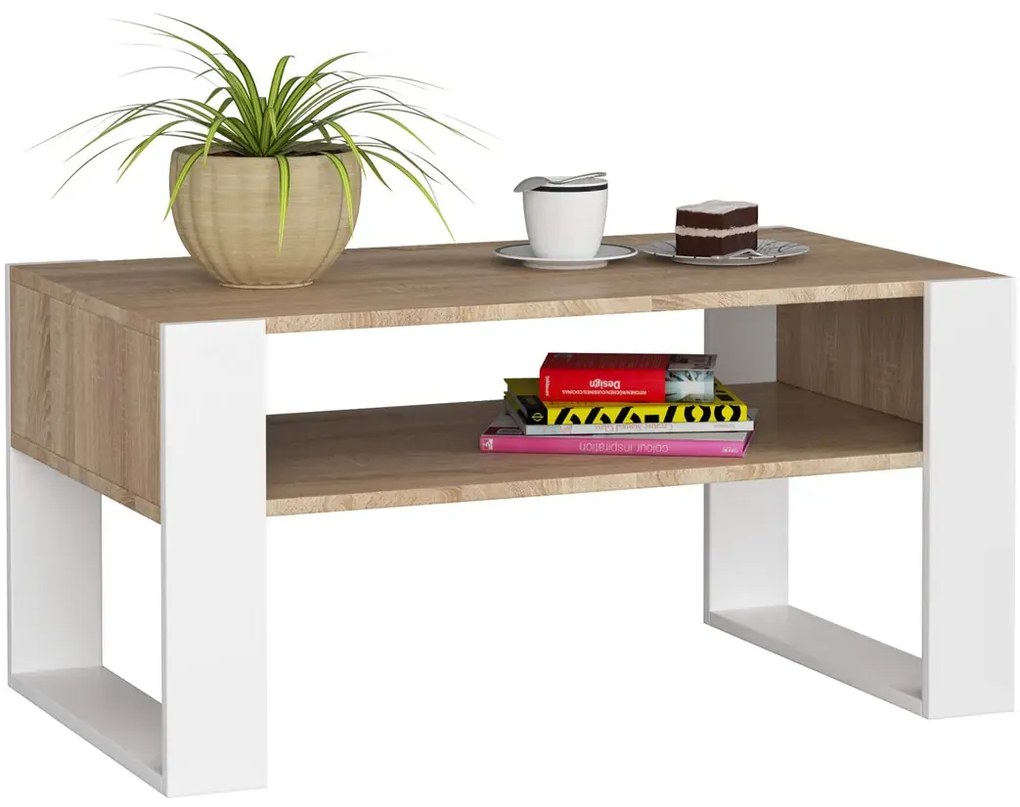 Minimalistyczna Ława Z Półką Dąb Sonoma+Biały T3-F56