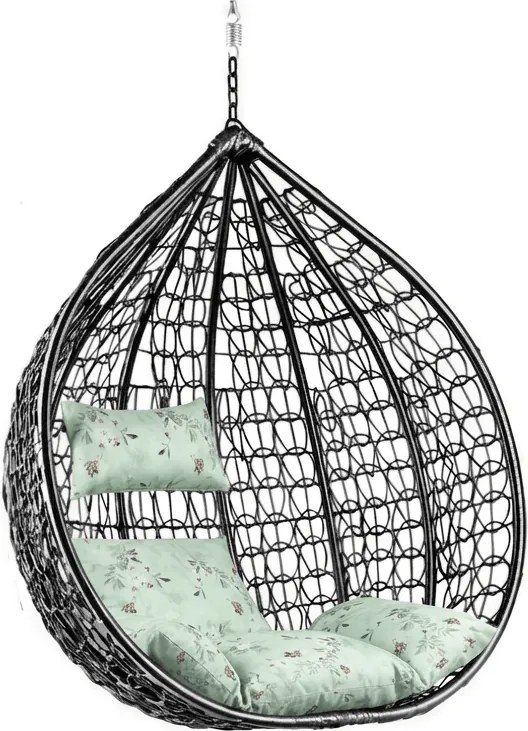 Czarne wiszące krzesło KOKON bez stojaka, jasnozielona poduszka ze wzorem