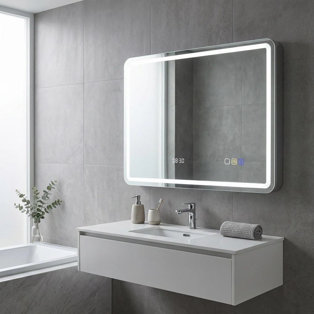 HOMCOM Lustro łazienkowe z podświetleniem LED, mata przeciwmgielna, 3 regulowane kolory, zegar, 600 x 800 mm, kolor srebrny | Aosom PL