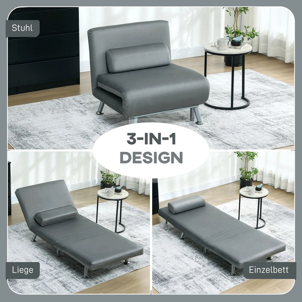HOMCOM Składany fotel z funkcją łóżka, rozkładany fotel relaksacyjny w stylu welurowym, regulowane oparcie, 75 x 70 x 75 cm, Szary