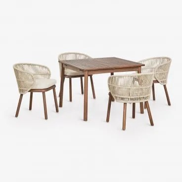 Zestaw Stołu Rozkładanego 100-160x100 Cm Karvia I 4 Krzesła Ogrodowe Z Drewna Akacjowego I Plecionej Liny Capri Kremowa - Sklum