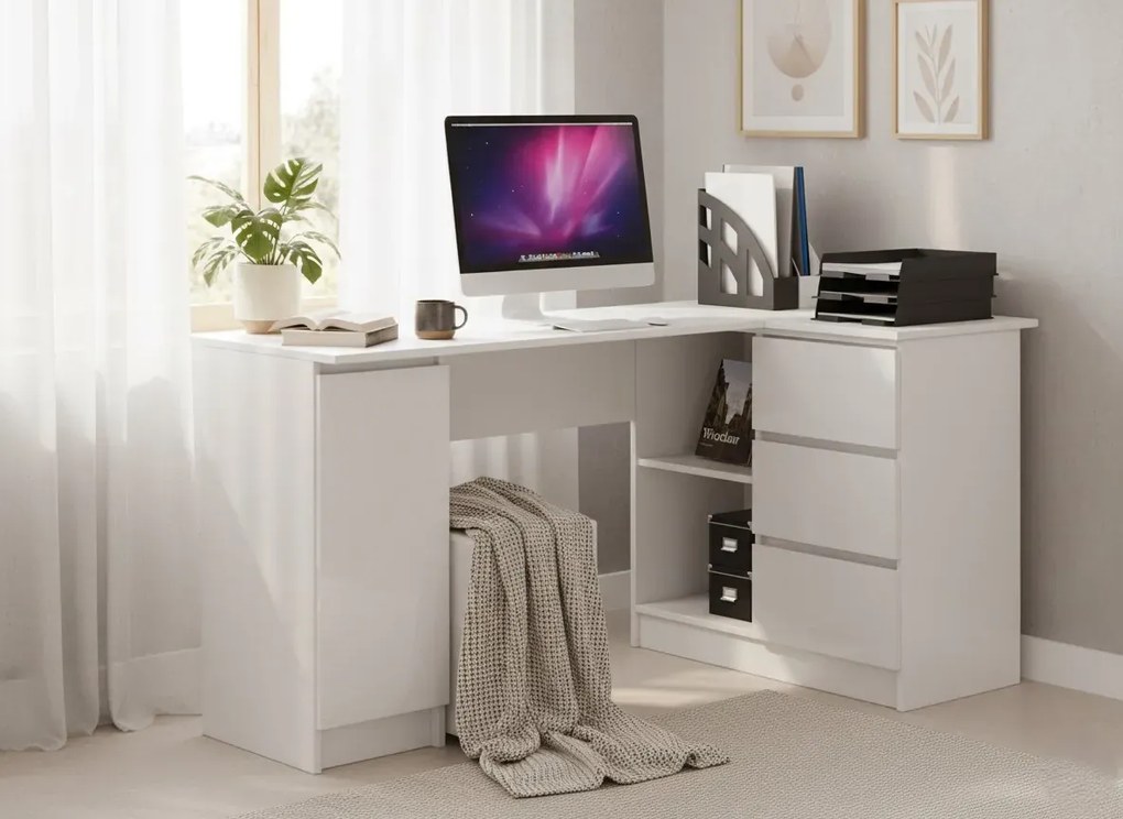 Narożne biurko do gabinetu białe połysk prawostronne W3-S52