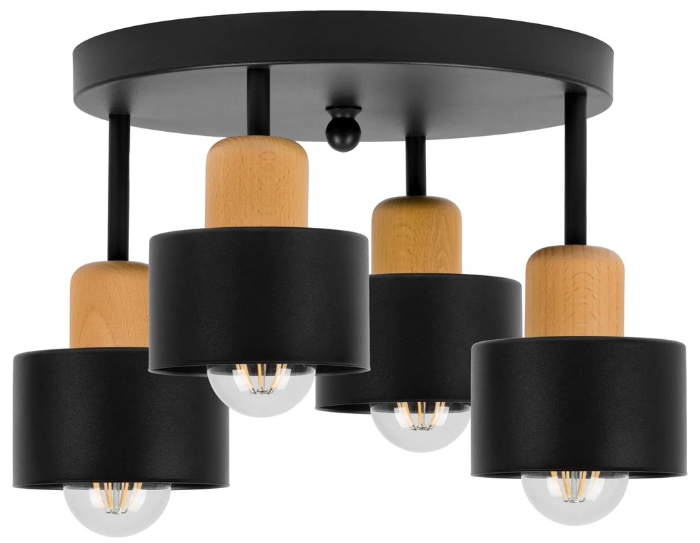 Czarna lampa sufitowa, czteropunktowy spot D4BU3030SC z drewna i metal