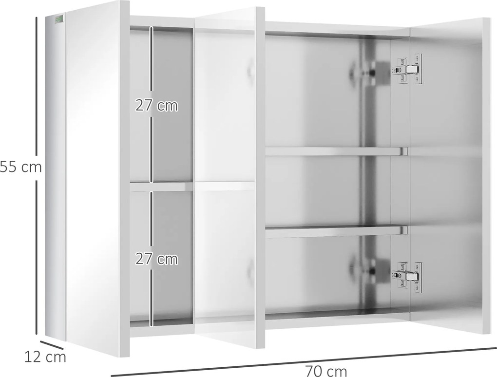 kleankin Szafka z lustrem, szafka łazienkowa, 3 drzwi lustrzane, 5 półek wewnętrznych, stal nierdzewna, Kolor: Srebrny, 70 x 12 x 55 cm