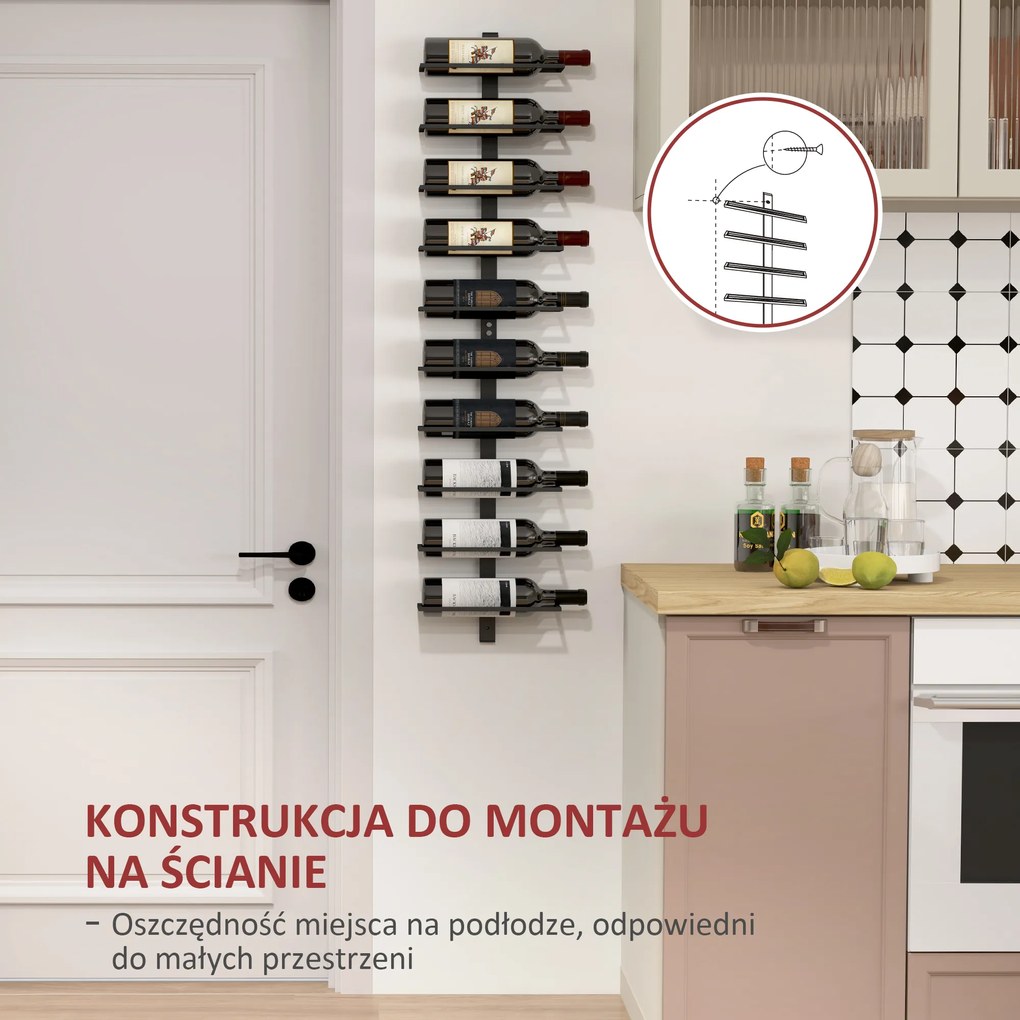HOMCOM Regał na wino metalowy uchwyt ścienny na 10 butelek do kuchni salonu domowego baru czarny | Aosom PL