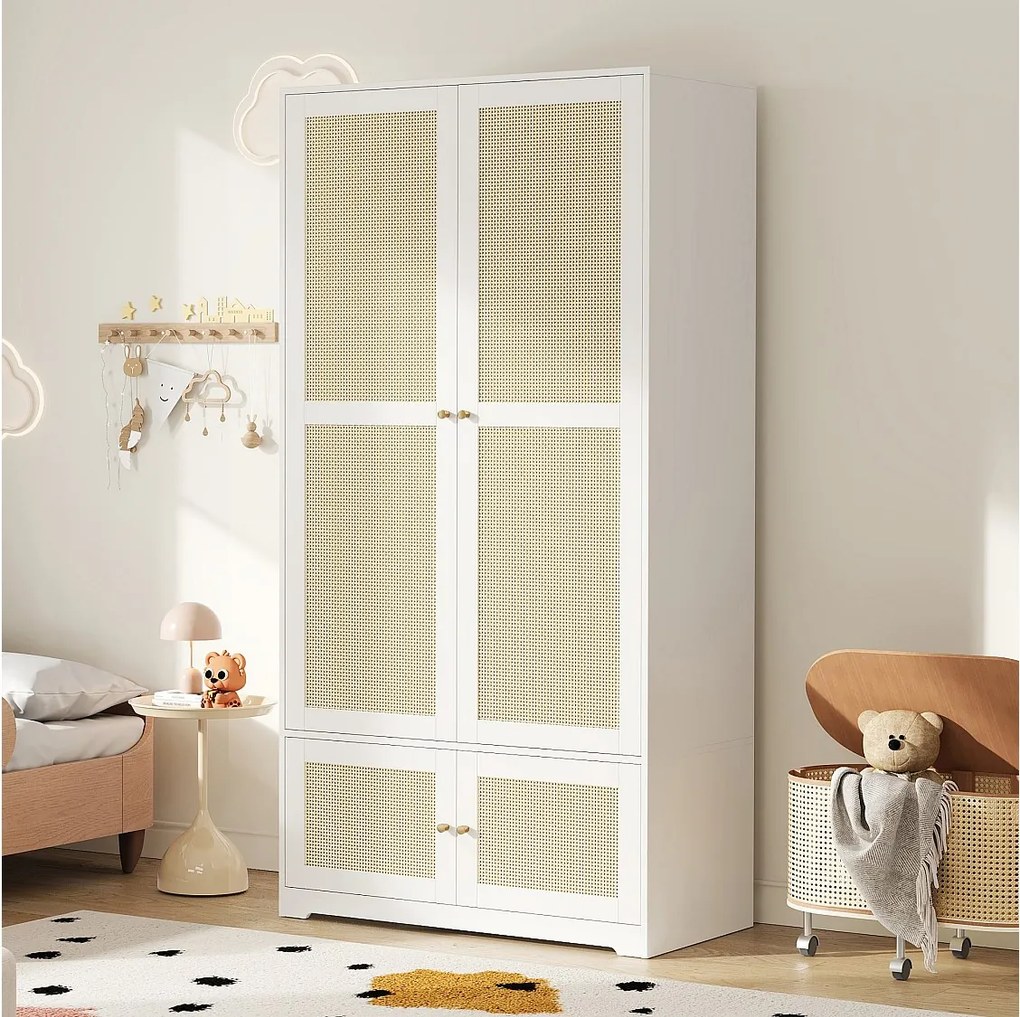 Szafa z rattanu 90 x 48 x 180 cm - Z wieszakiem i półkami - 4 drzwi z rattanu - Płyty MDF i lakierowane - Biały