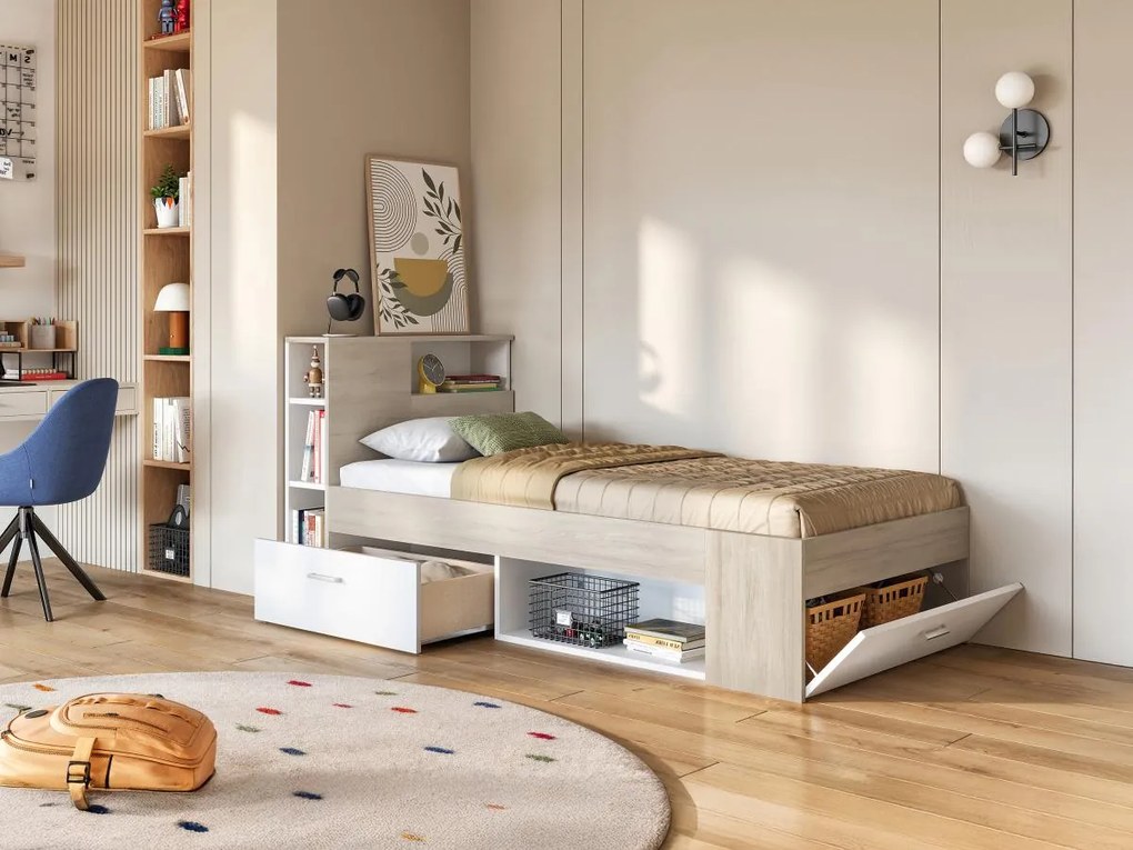 Łóżko LEANDRE z zagłówkiem, ze skrzynią  i szufladą – 90 × 190 cm – kolor biały i naturalny, materac i stelaż w zestawie
