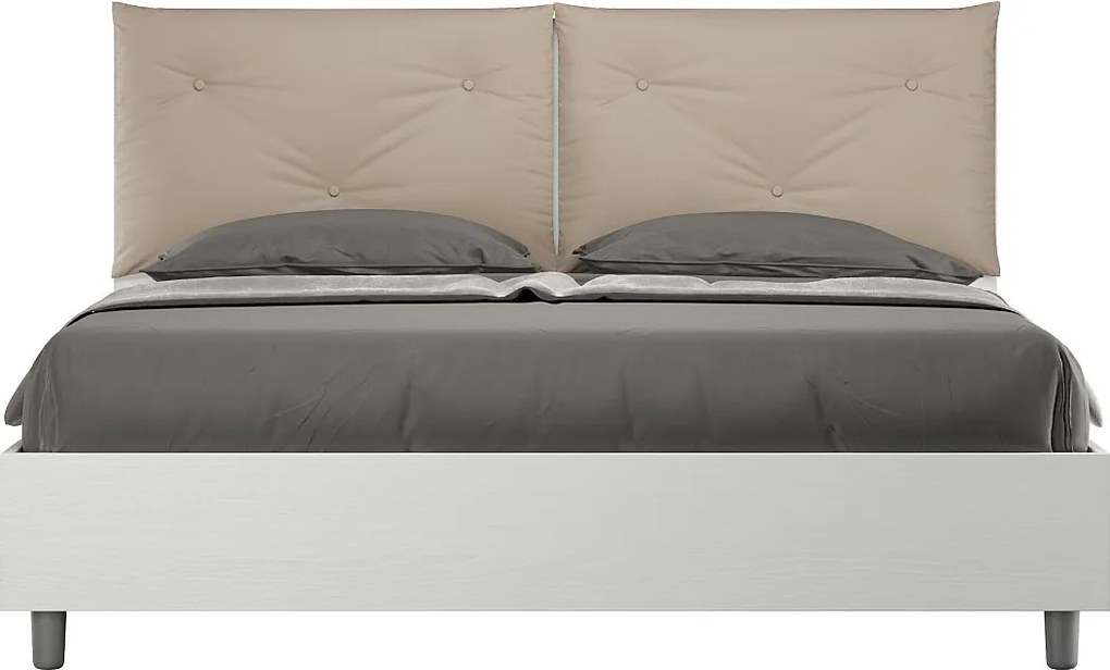 Łóżko wyposażone w stelaż z listwami z pojemnikiem 160x200 Frassino biała poduszkami sztucznej skóry szaro-beżowy Egos Appia