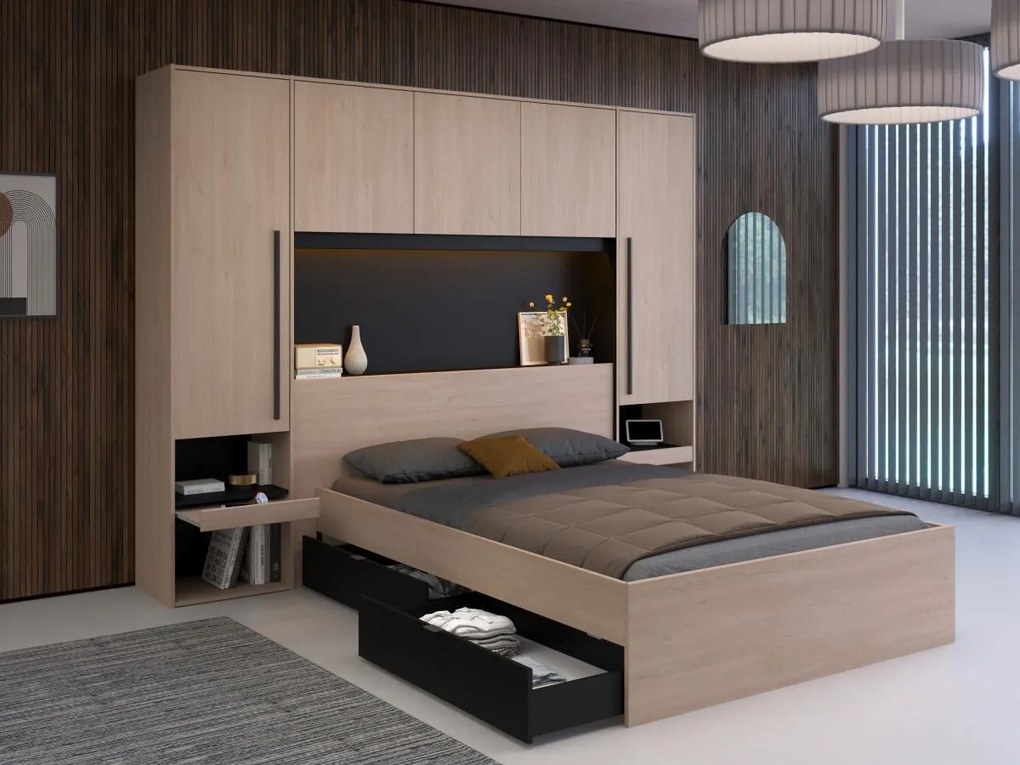 Łóżko ze schowkiem 140 x 190 cm - Z diodami LED - Kolory: naturalny i czarny + Stelaż + Materac - VELONA