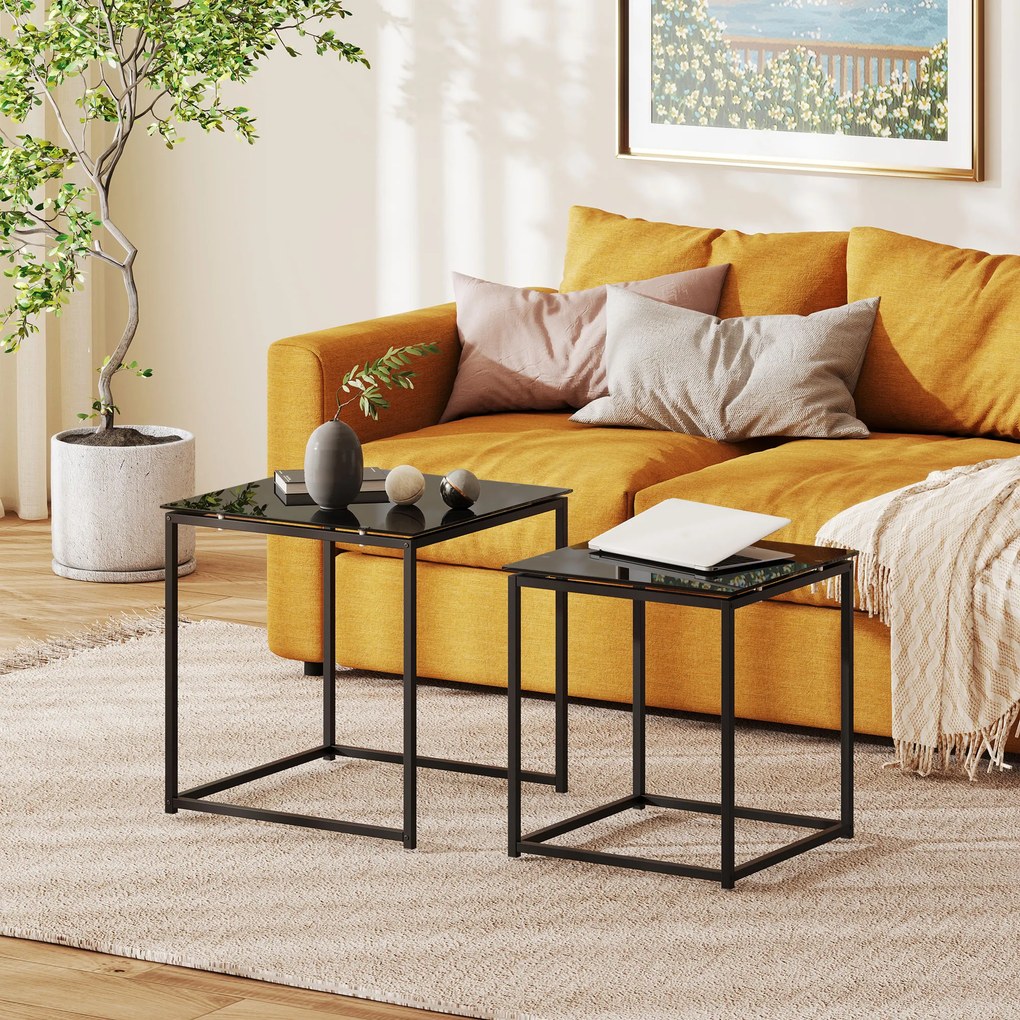 HOMCOM Zestaw 2 stolików pomocniczych, nowoczesny design, układane, stolik ze szkła, czarny